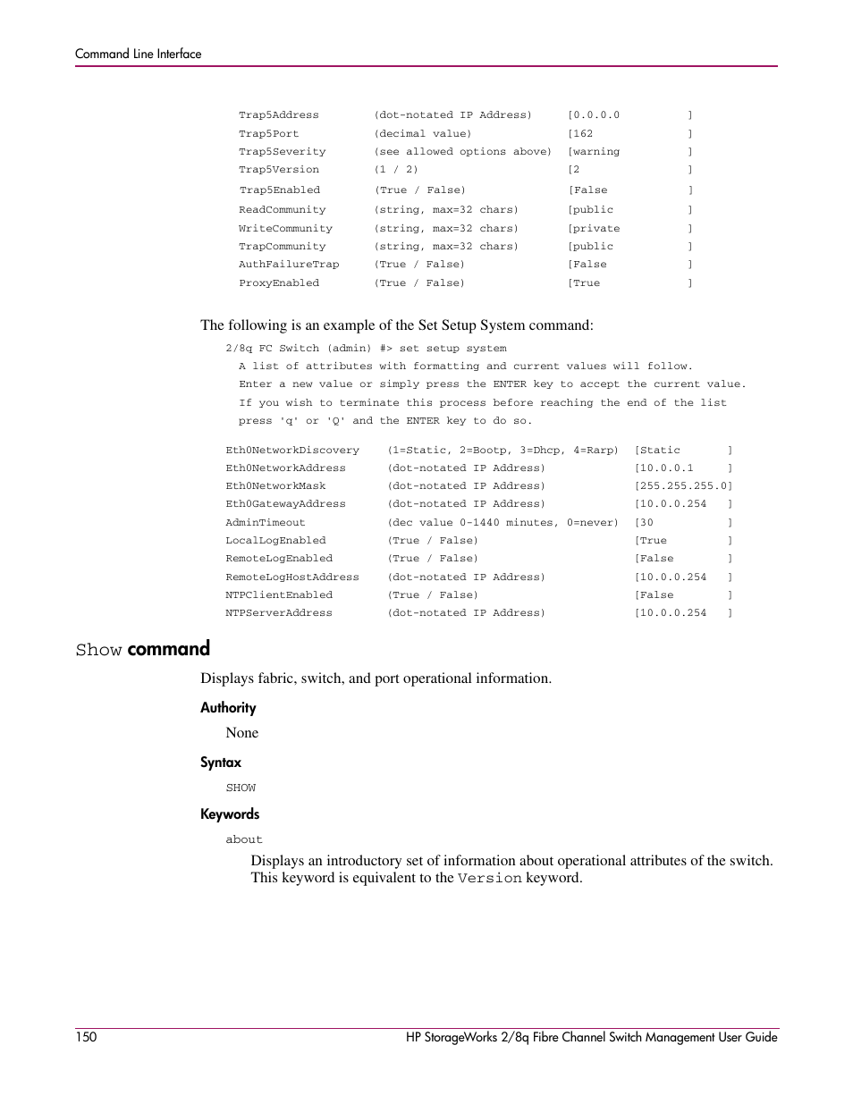 Show command, Show, Authority syntax keywords | Command | HP 2/8q Fibre Channel User Manual | Page 150 / 188