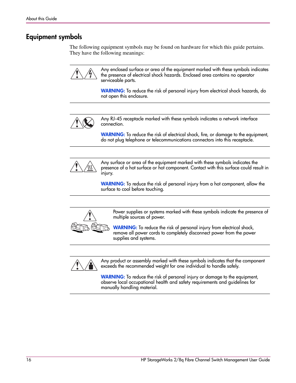 Equipment symbols | HP 2/8q Fibre Channel User Manual | Page 16 / 188