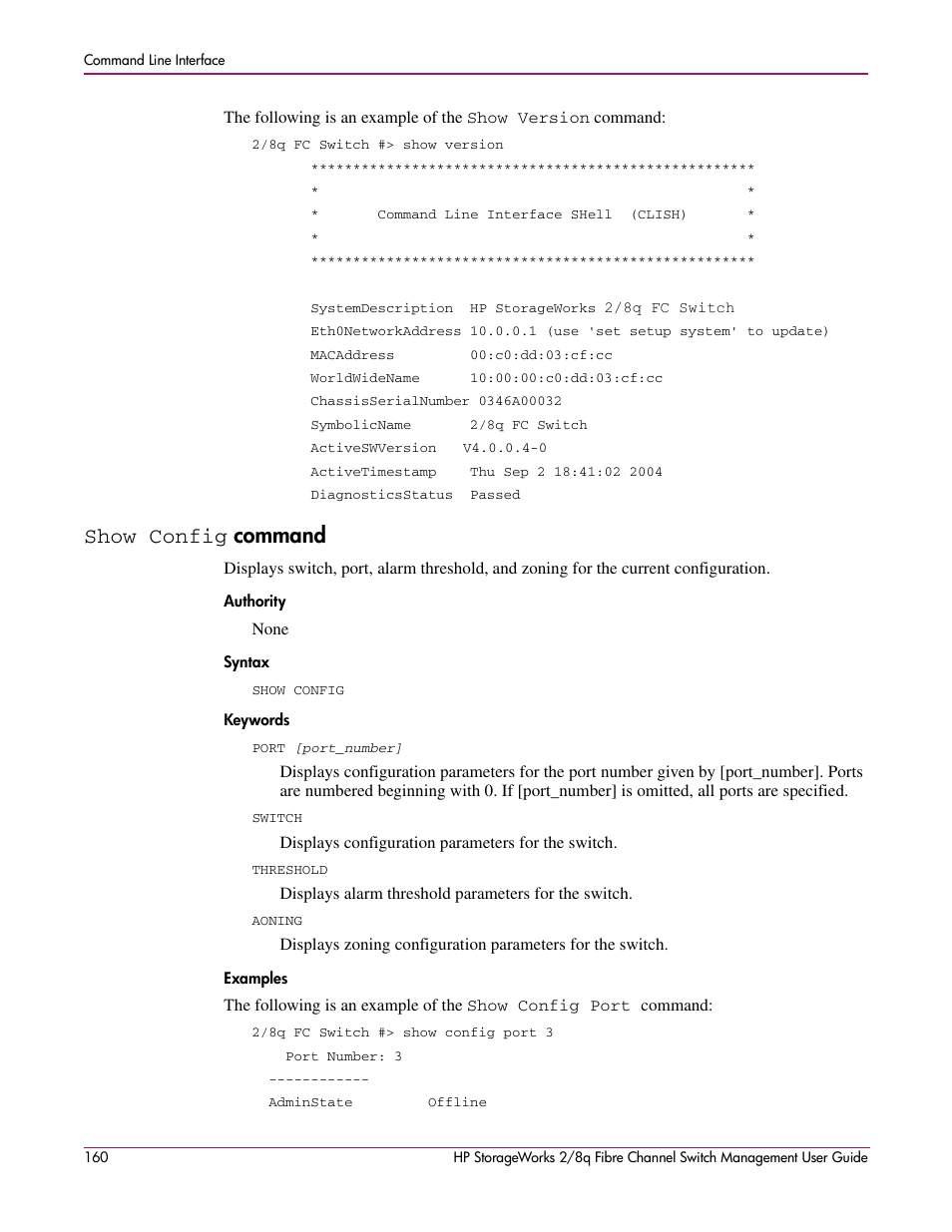 Show config command, Show config, Authority syntax keywords examples | Command | HP 2/8q Fibre Channel User Manual | Page 160 / 188