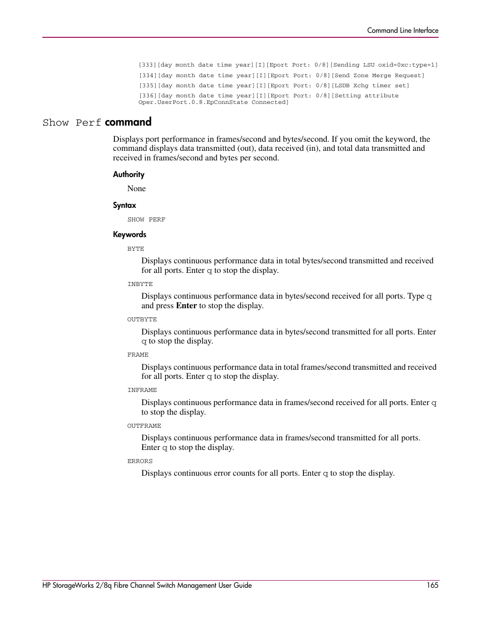 Show perf command, Show perf, Authority syntax keywords | Command, Ports. see the | HP 2/8q Fibre Channel User Manual | Page 165 / 188