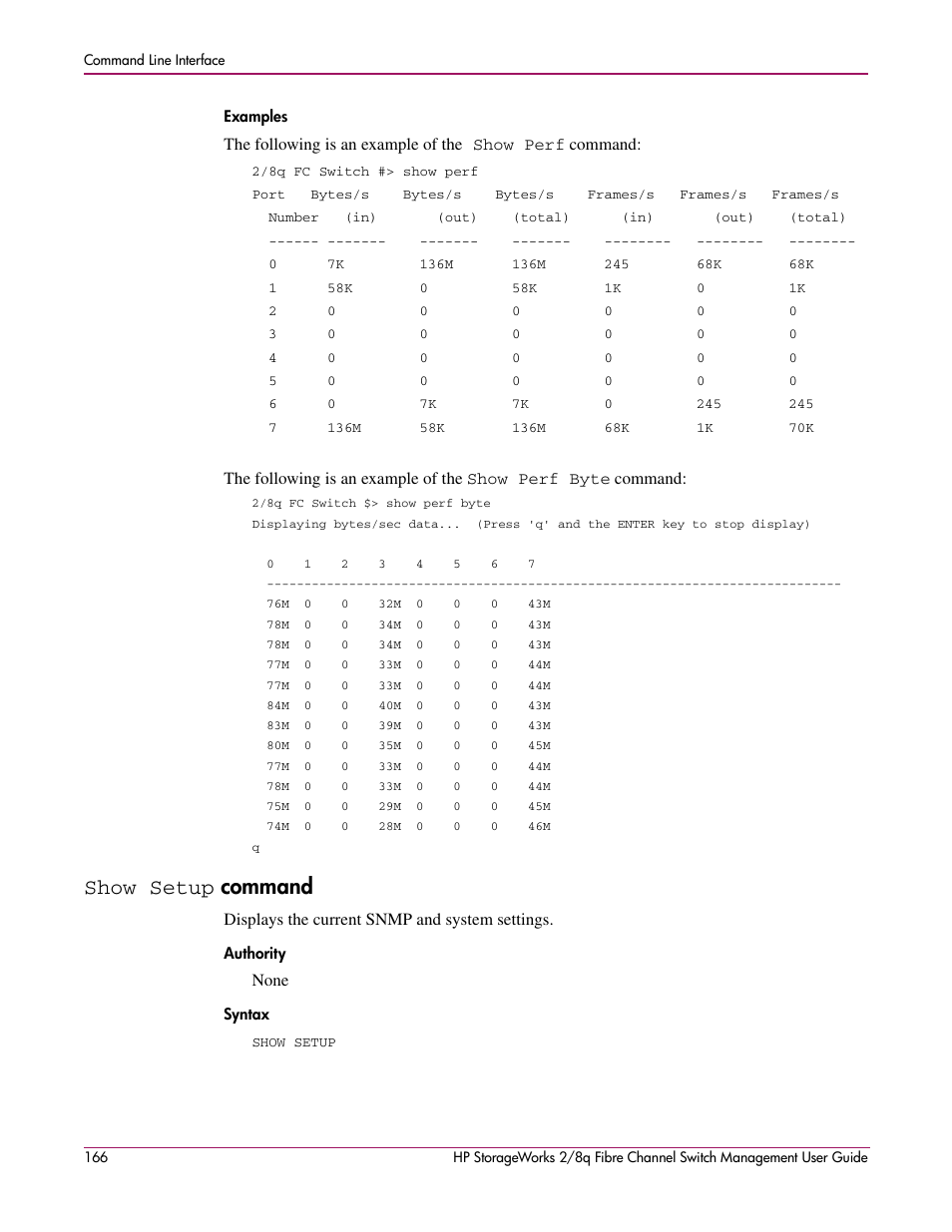 Show setup command, Examples, Show setup | Authority syntax, Command | HP 2/8q Fibre Channel User Manual | Page 166 / 188