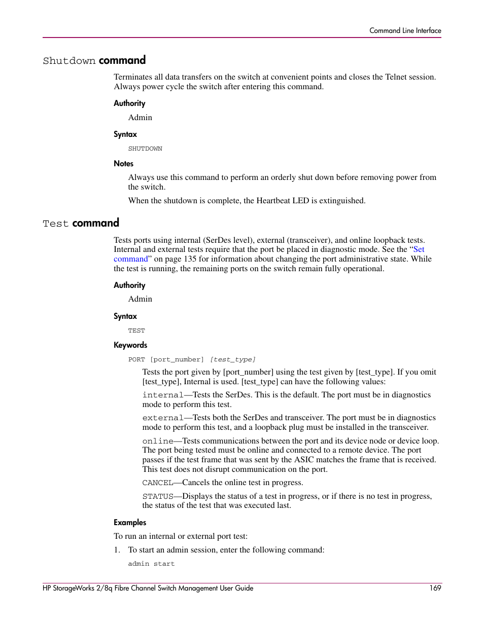 Shutdown command, Test command, Shutdown | Command, Authority syntax notes, Test, Authority syntax keywords examples | HP 2/8q Fibre Channel User Manual | Page 169 / 188