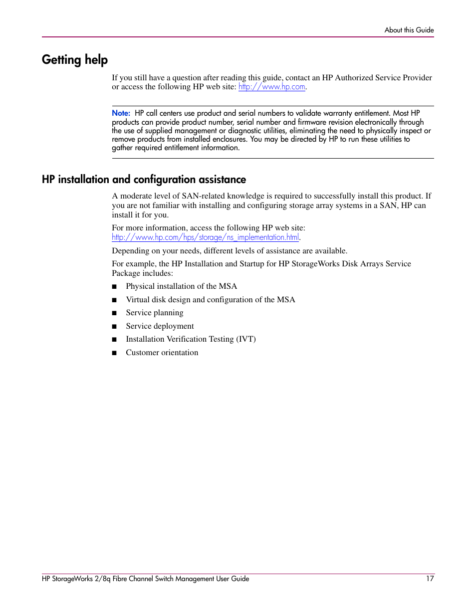 Getting help, Hp installation and configuration assistance | HP 2/8q Fibre Channel User Manual | Page 17 / 188