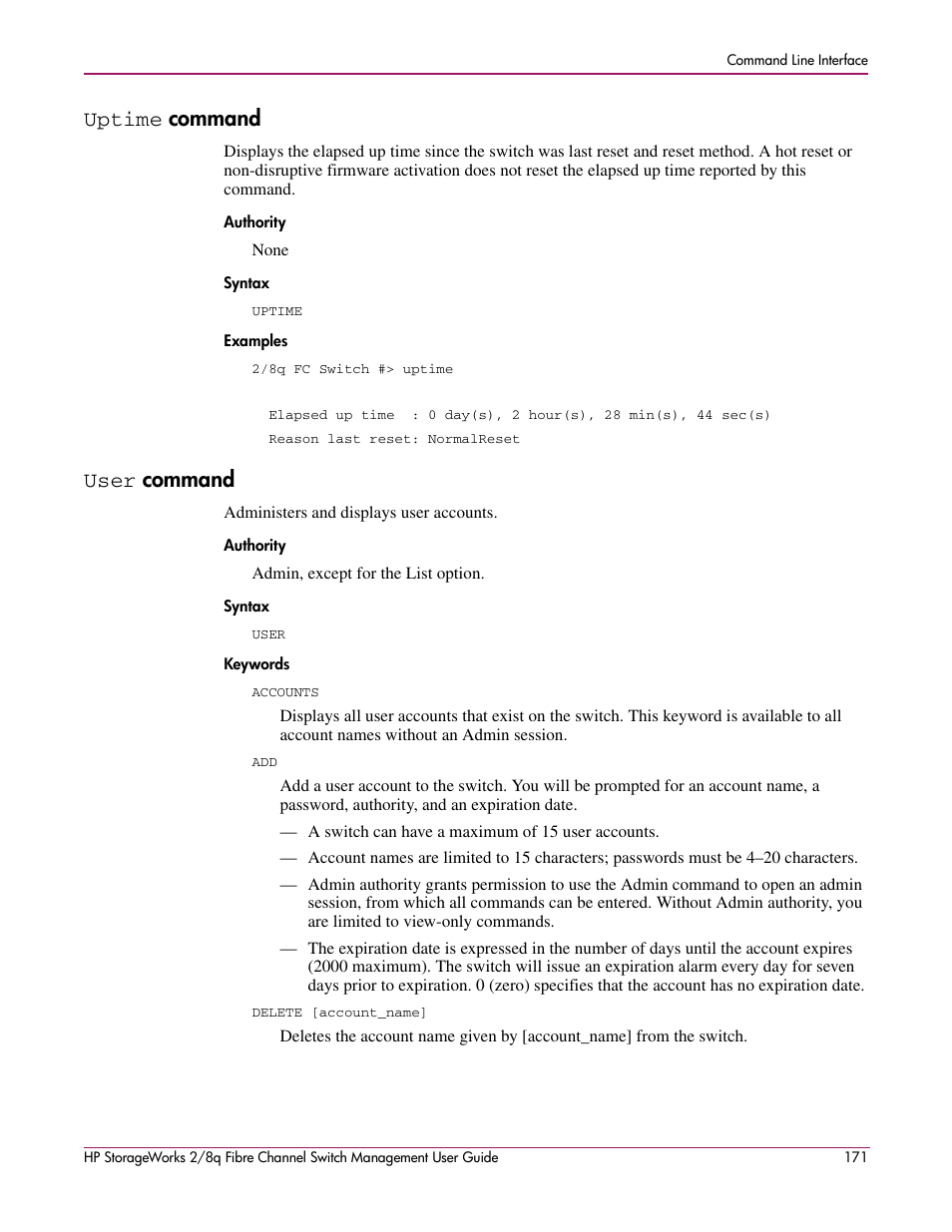 Uptime command, User command, Uptime | Command, Authority syntax examples, User, Authority syntax keywords | HP 2/8q Fibre Channel User Manual | Page 171 / 188