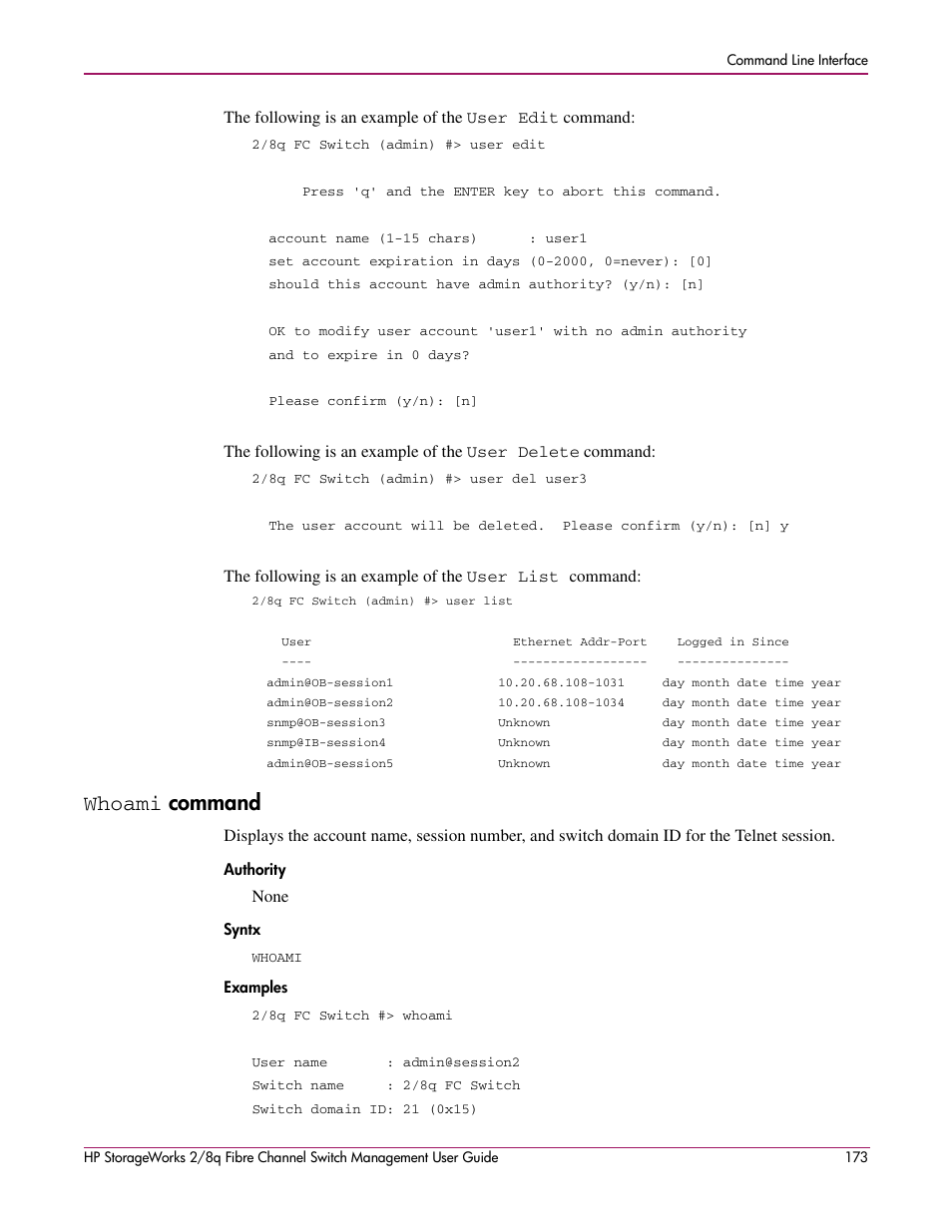 Whoami command, Whoami, Command | Authority syntx examples | HP 2/8q Fibre Channel User Manual | Page 173 / 188