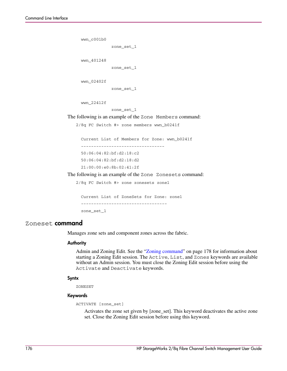 Zoneset command, Zoneset, Authority syntx keywords | Command | HP 2/8q Fibre Channel User Manual | Page 176 / 188