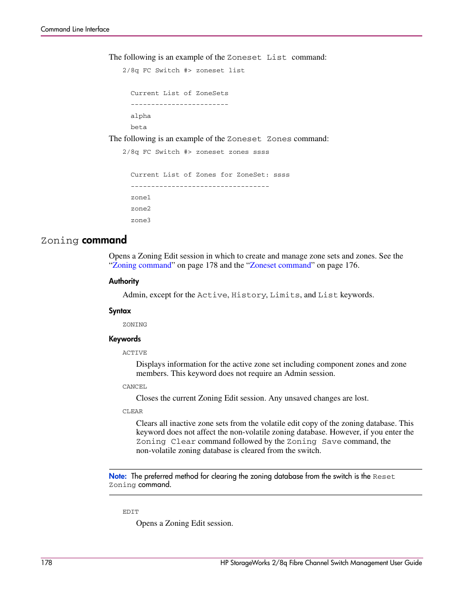 Zoning command, Zoning, Command | Authority syntax keywords | HP 2/8q Fibre Channel User Manual | Page 178 / 188