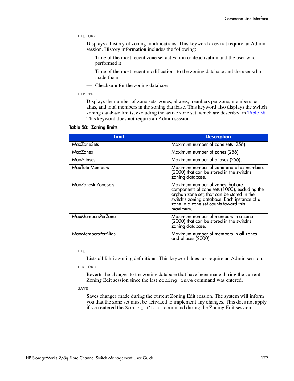 58 zoning limits | HP 2/8q Fibre Channel User Manual | Page 179 / 188