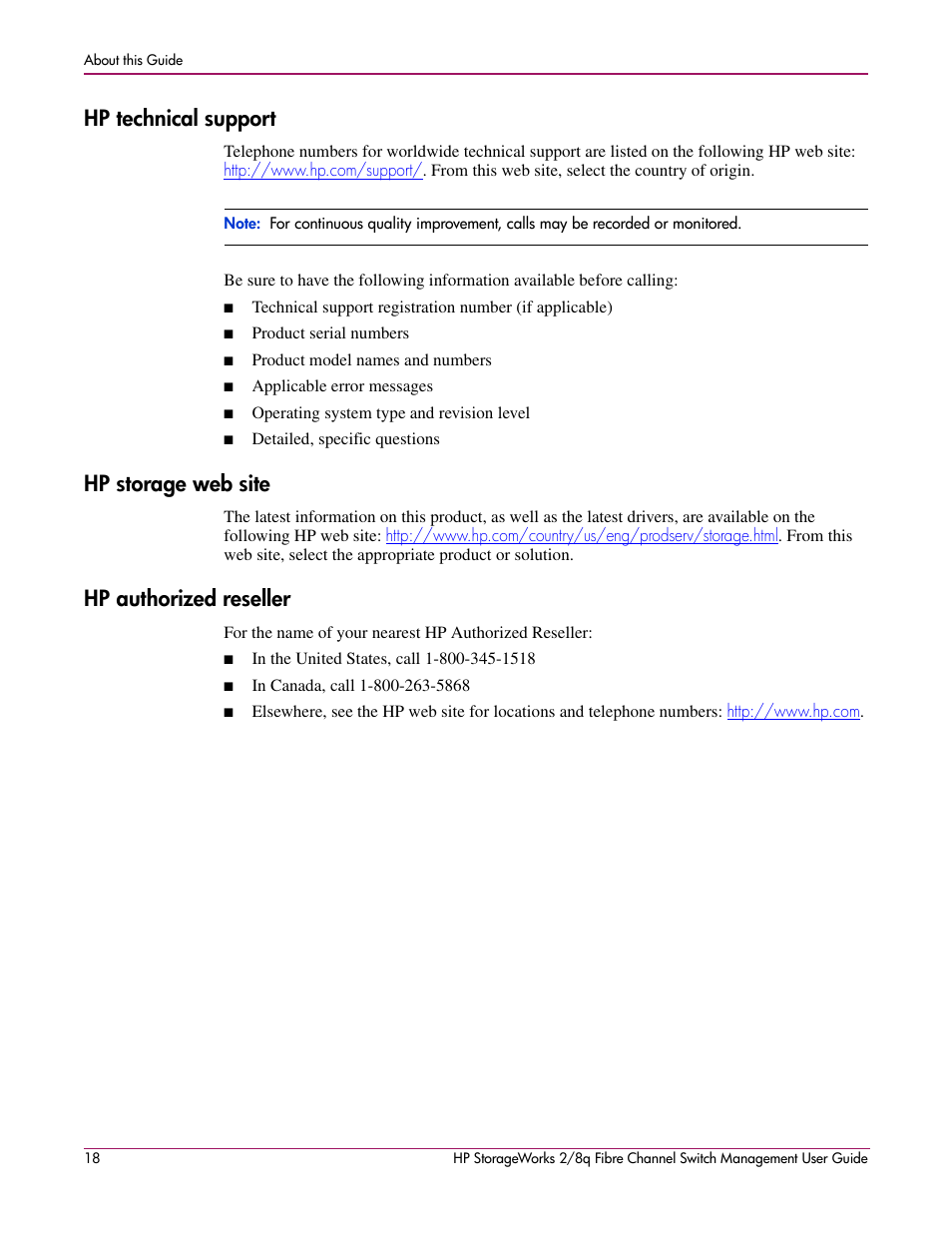 Hp technical support, Hp storage web site, Hp authorized reseller | HP 2/8q Fibre Channel User Manual | Page 18 / 188