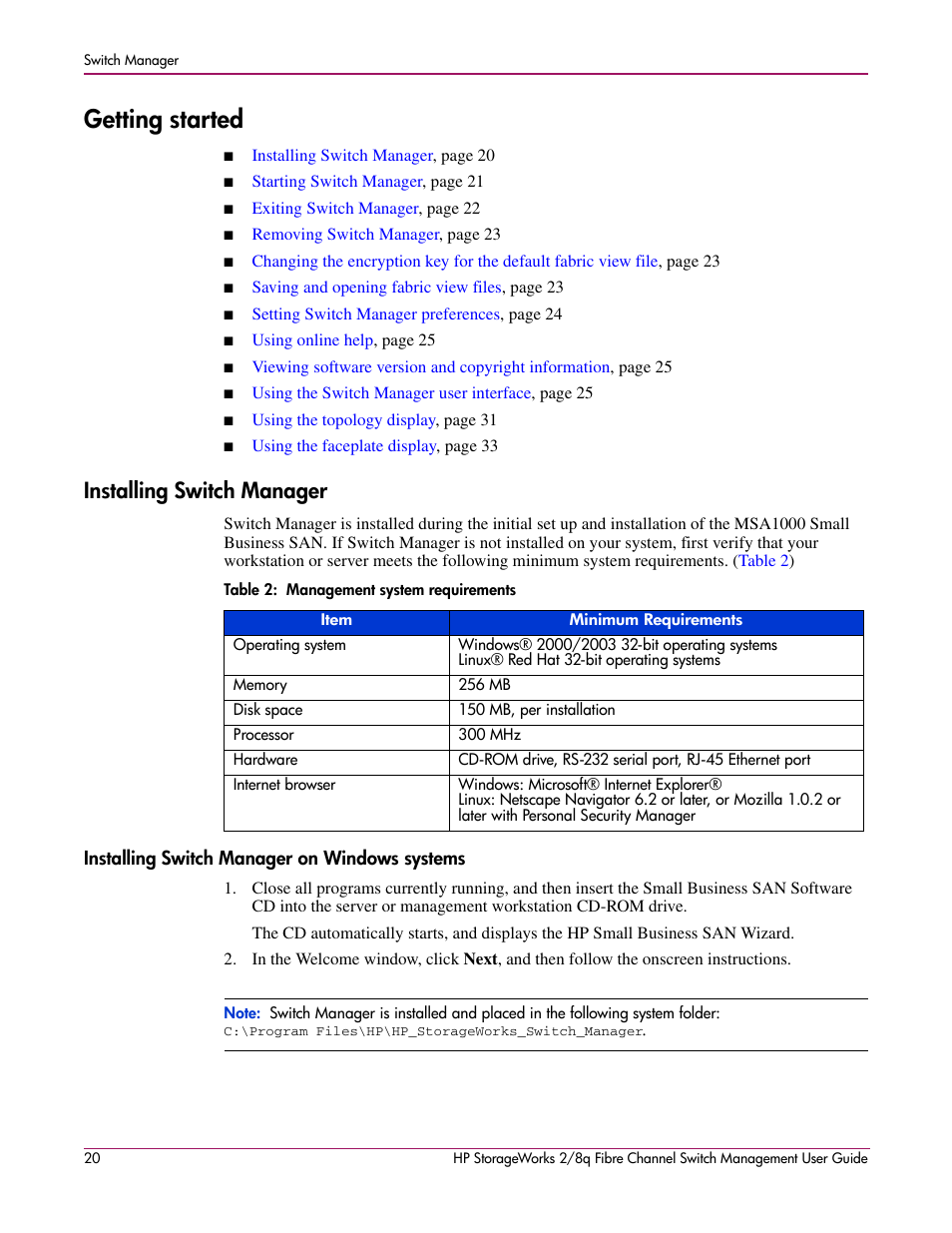 Getting started, Installing switch manager, Installing switch manager on windows systems | 2 management system requirements | HP 2/8q Fibre Channel User Manual | Page 20 / 188