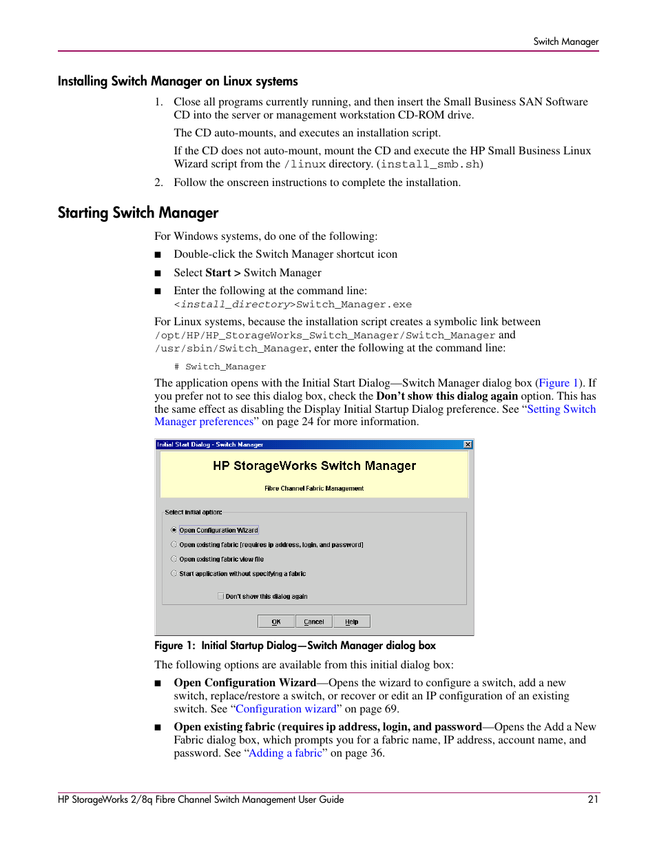 Installing switch manager on linux systems, Starting switch manager, 1 initial startup dialog—switch manager dialog box | HP 2/8q Fibre Channel User Manual | Page 21 / 188