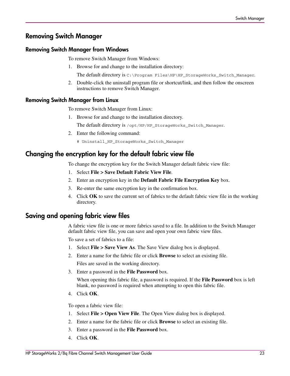 Removing switch manager, Removing switch manager from windows, Removing switch manager from linux | Saving and opening fabric view files | HP 2/8q Fibre Channel User Manual | Page 23 / 188
