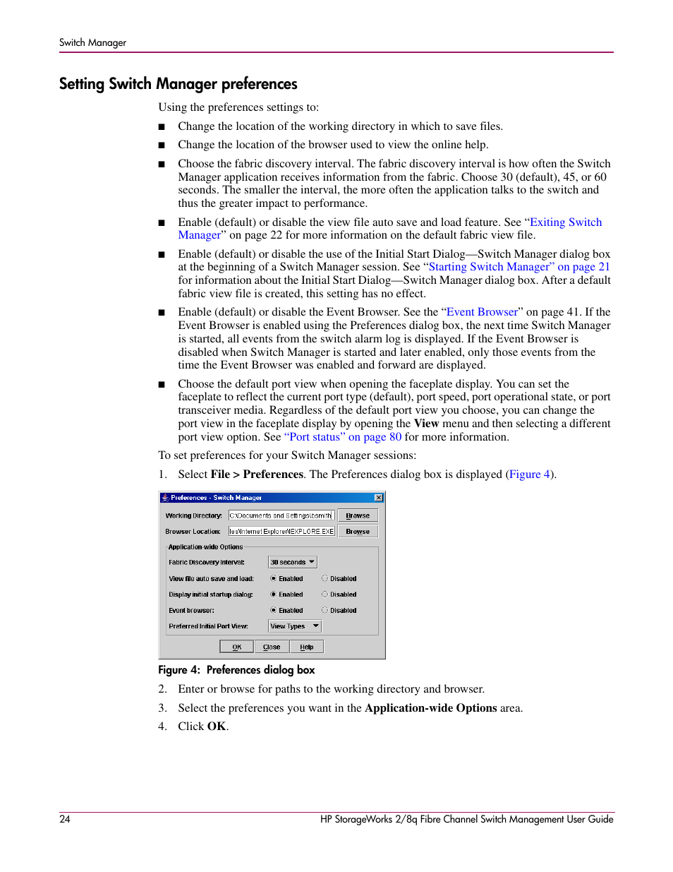 Setting switch manager preferences, 4 preferences dialog box, Setting switch | Manager preferences, Ault). see | HP 2/8q Fibre Channel User Manual | Page 24 / 188