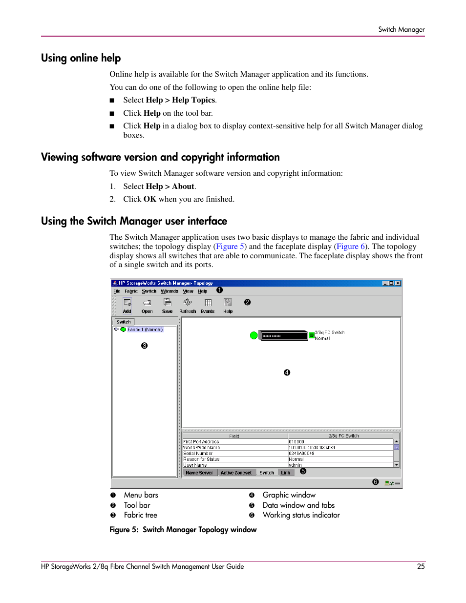 Using online help, Viewing software version and copyright information, Using the switch manager user interface | 5 switch manager topology window | HP 2/8q Fibre Channel User Manual | Page 25 / 188