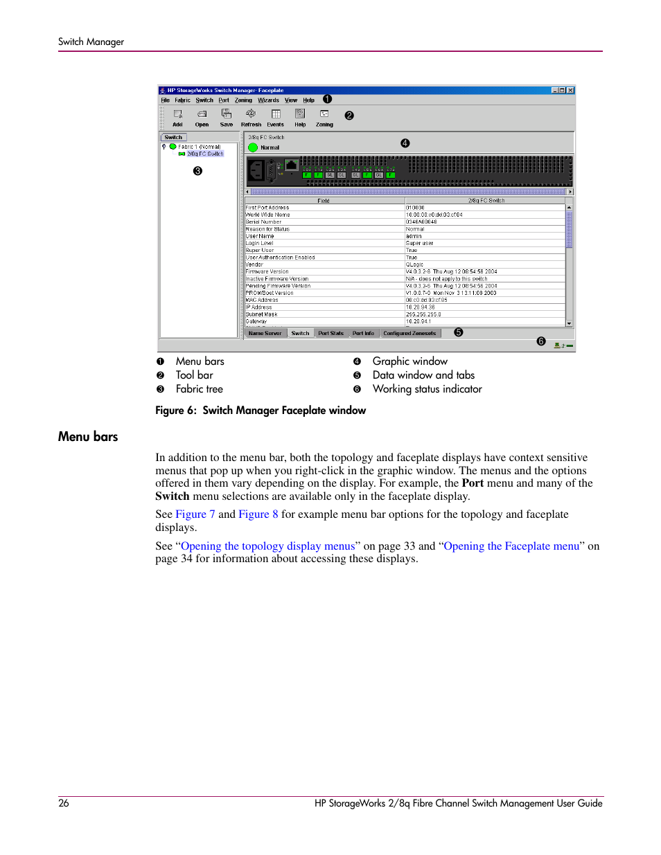 Menu bars, 6 switch manager faceplate window, Figure 6 | HP 2/8q Fibre Channel User Manual | Page 26 / 188