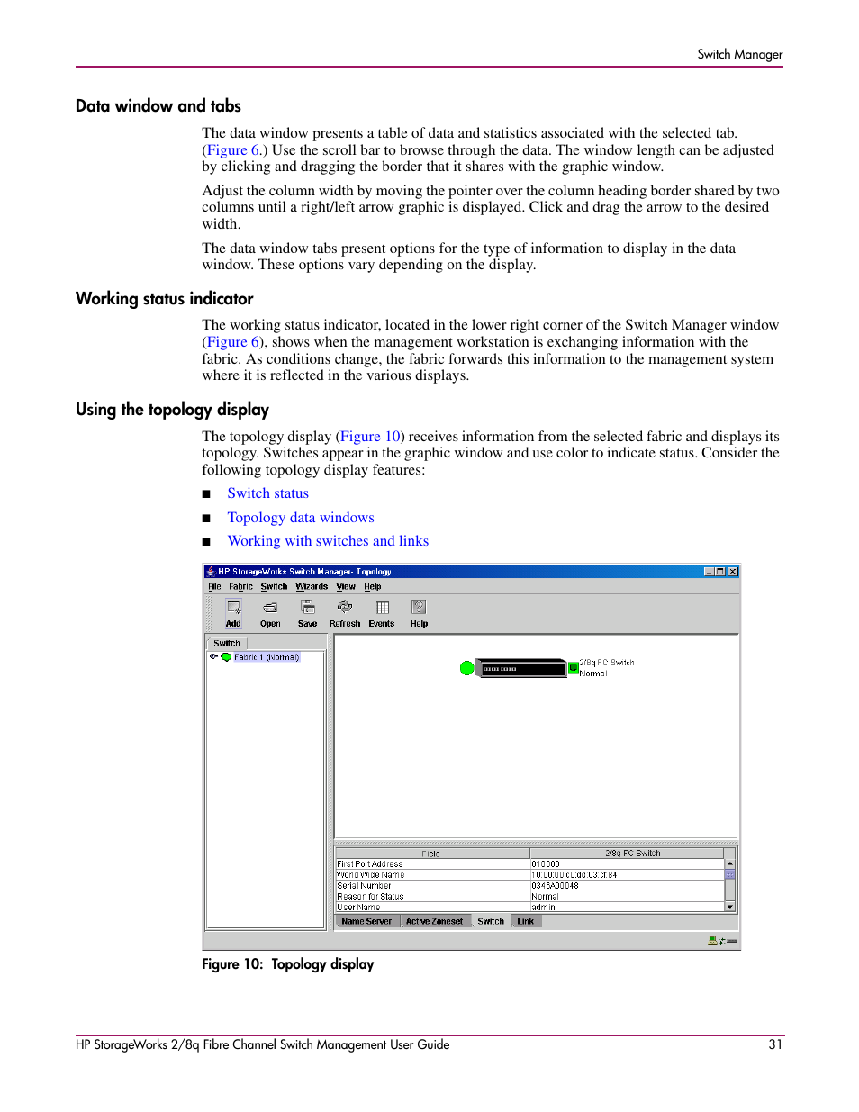 Data window and tabs, Working status indicator, Using the topology display | 10 topology display | HP 2/8q Fibre Channel User Manual | Page 31 / 188