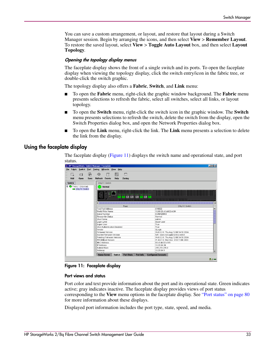 Using the faceplate display, Opening the topology display menus, Port views and status | 11 faceplate display | HP 2/8q Fibre Channel User Manual | Page 33 / 188