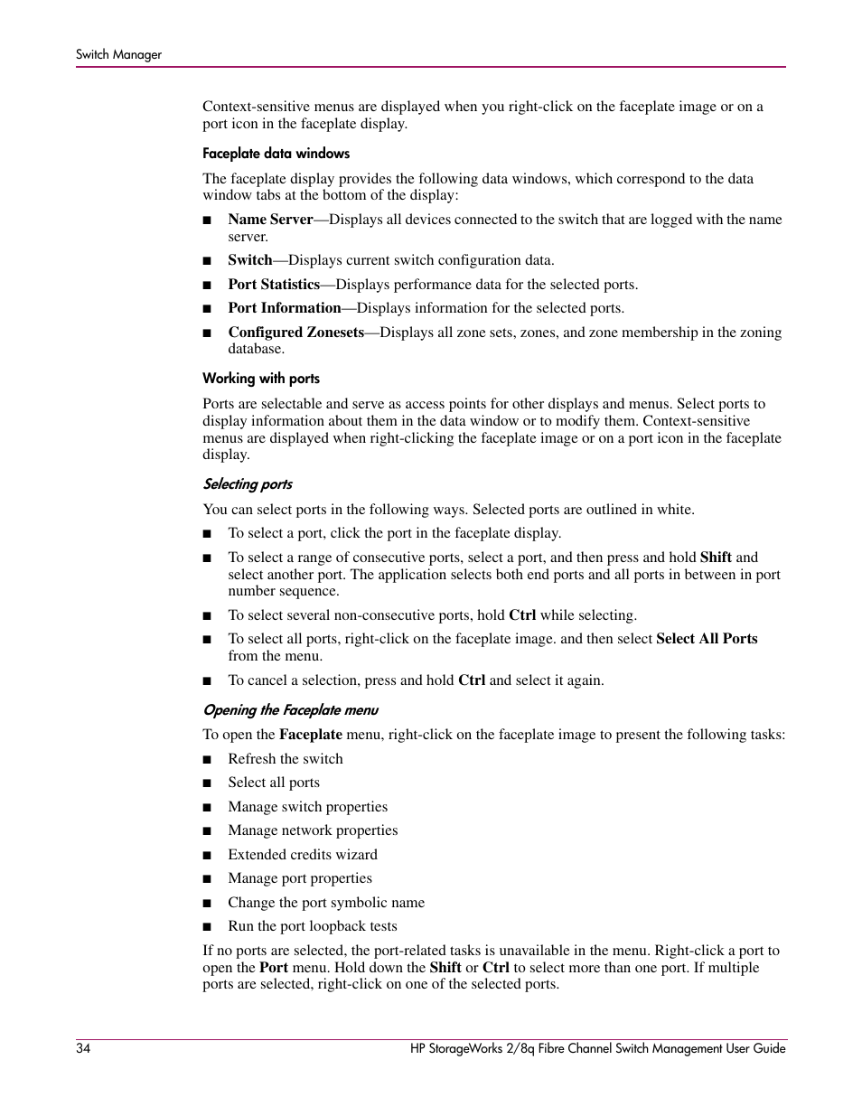 Faceplate data windows working with ports, Selecting ports opening the faceplate menu, Opening the faceplate menu | HP 2/8q Fibre Channel User Manual | Page 34 / 188
