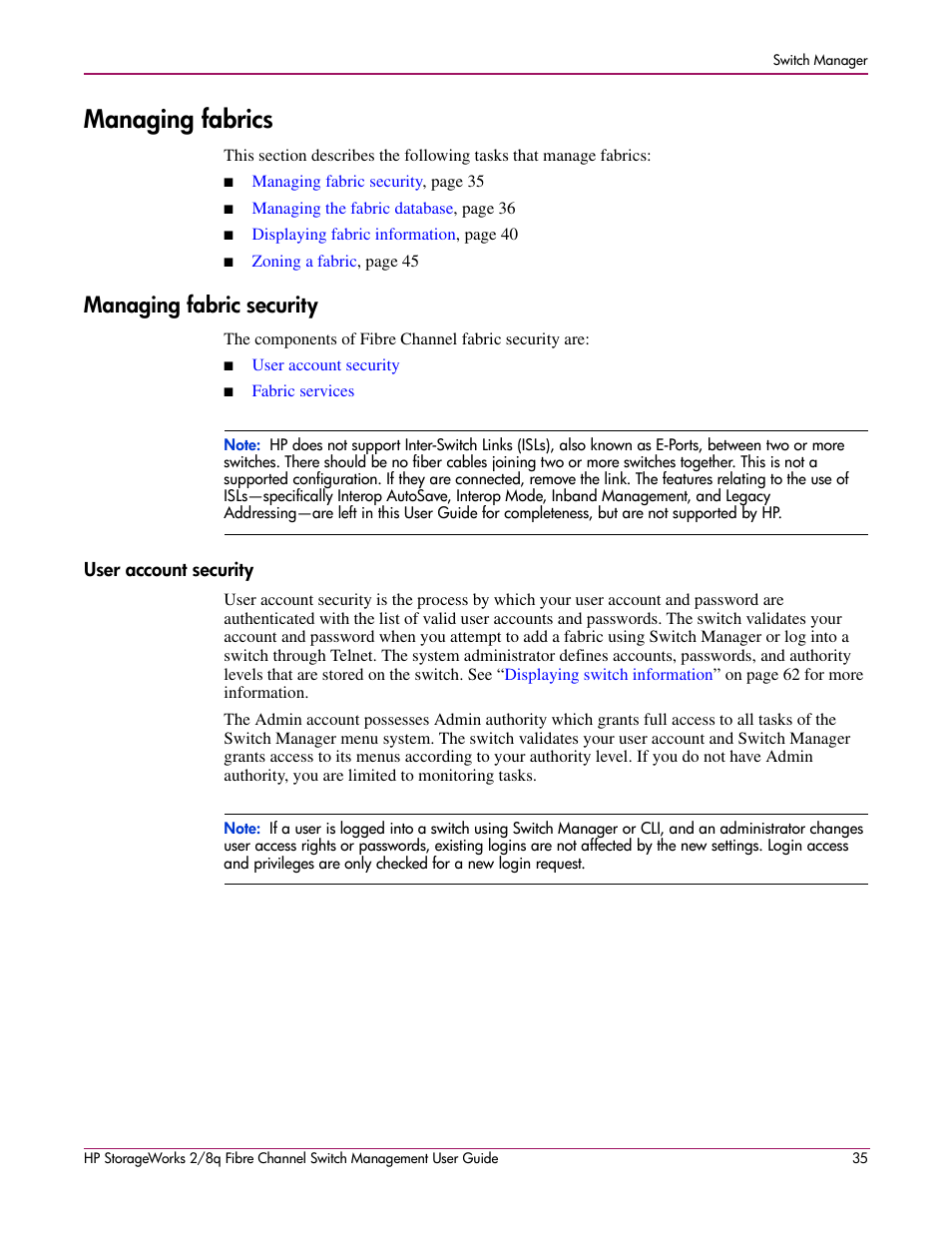 Managing fabrics, Managing fabric security, User account security | HP 2/8q Fibre Channel User Manual | Page 35 / 188