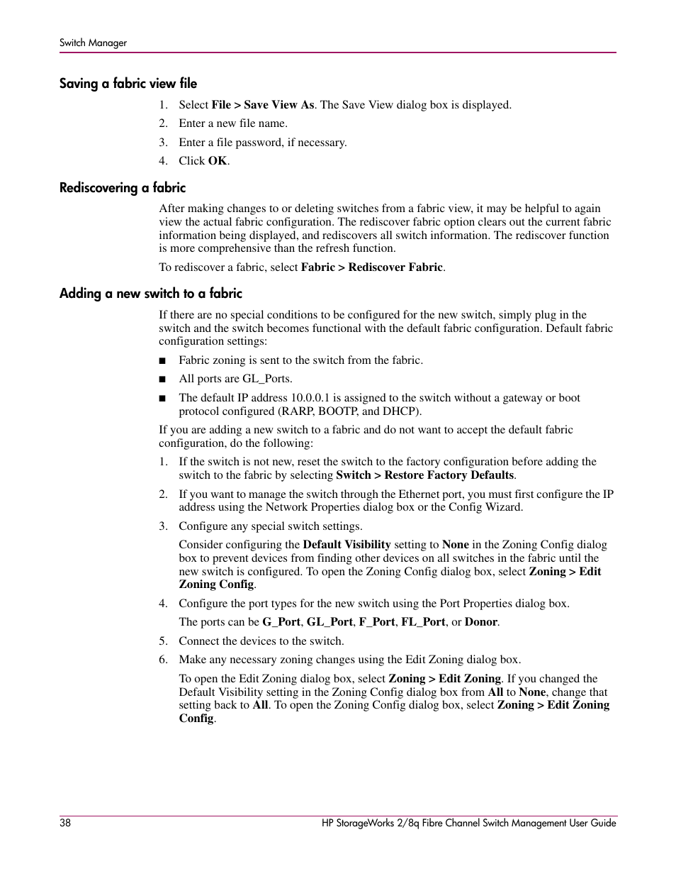 Saving a fabric view file, Rediscovering a fabric, Adding a new switch to a fabric | HP 2/8q Fibre Channel User Manual | Page 38 / 188