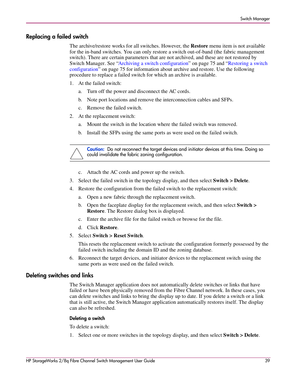 Replacing a failed switch, Deleting switches and links, Deleting a switch | HP 2/8q Fibre Channel User Manual | Page 39 / 188