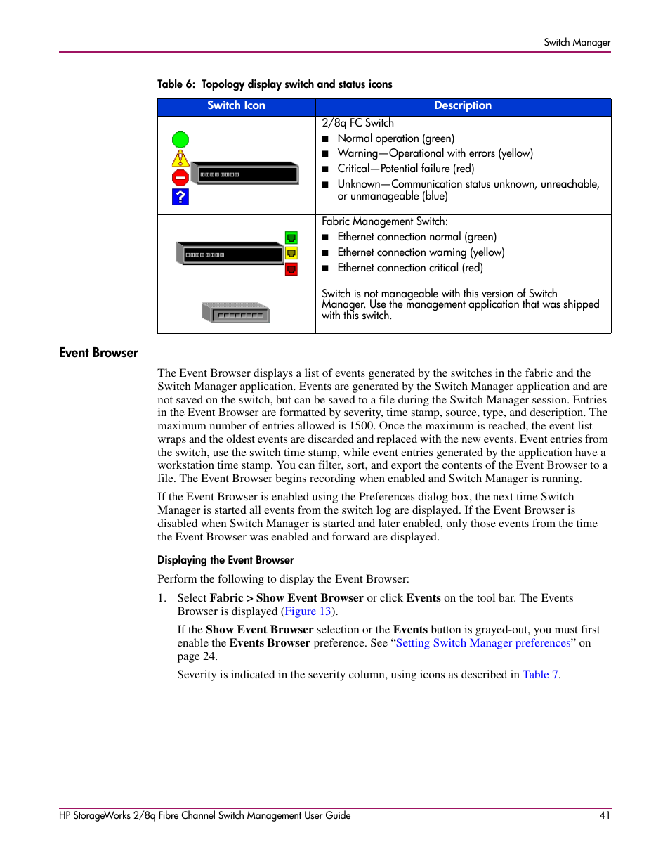 Event browser, Displaying the event browser, 6 topology display switch and status icons | See the, Table 6 | HP 2/8q Fibre Channel User Manual | Page 41 / 188