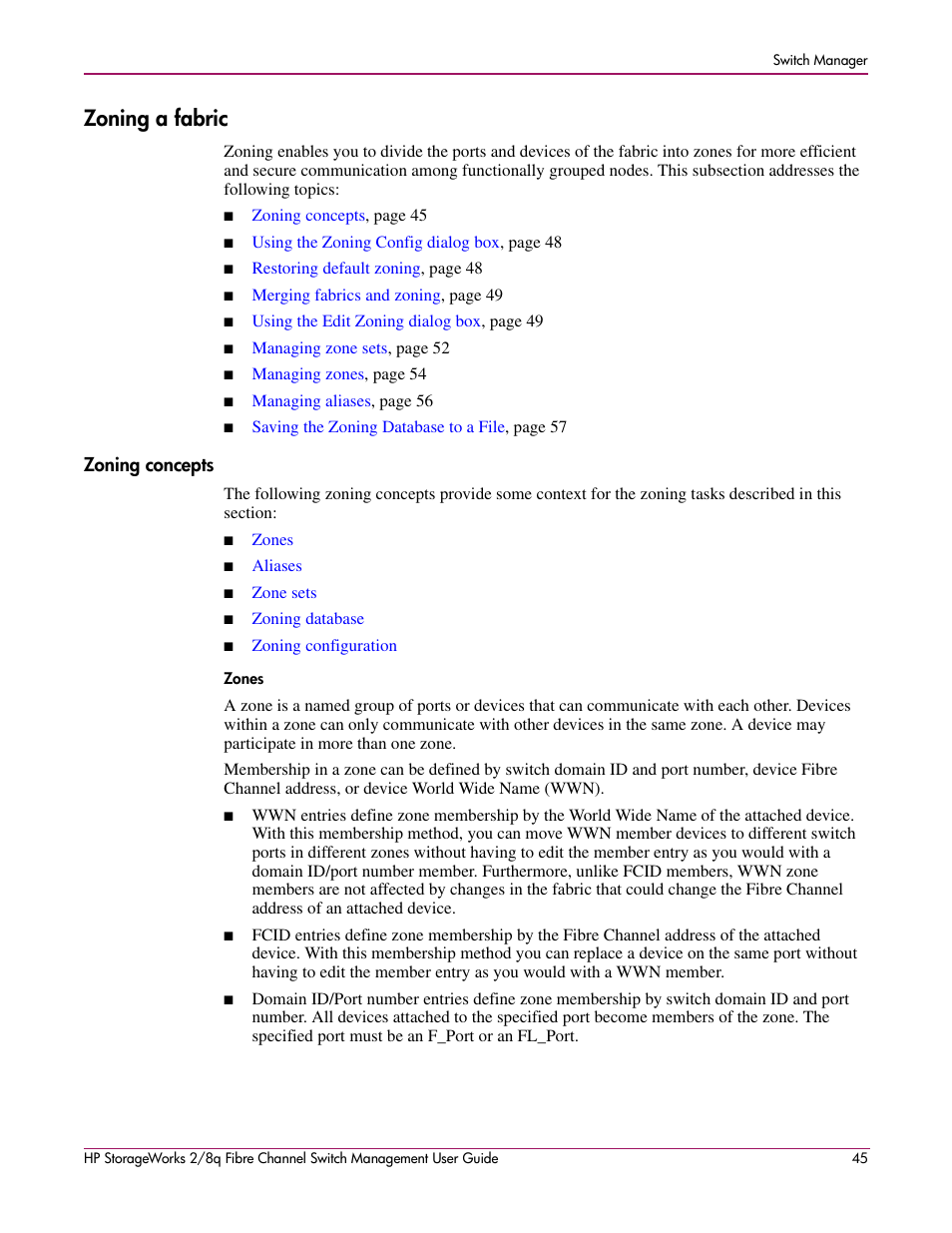 Zoning a fabric, Zoning concepts, Zones | HP 2/8q Fibre Channel User Manual | Page 45 / 188