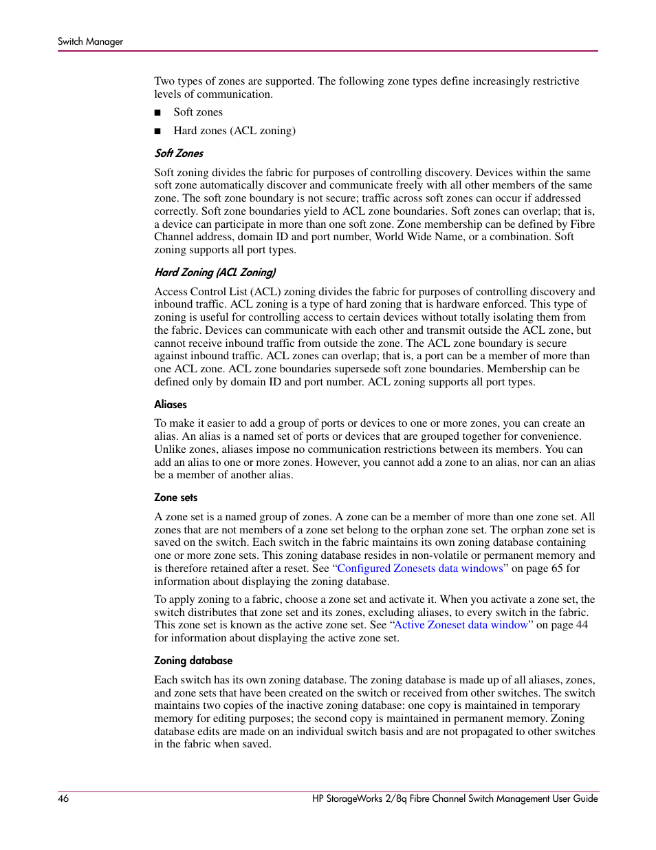 Soft zones hard zoning (acl zoning), Aliases zone sets zoning database, Aliases | Zone sets, Zoning database | HP 2/8q Fibre Channel User Manual | Page 46 / 188
