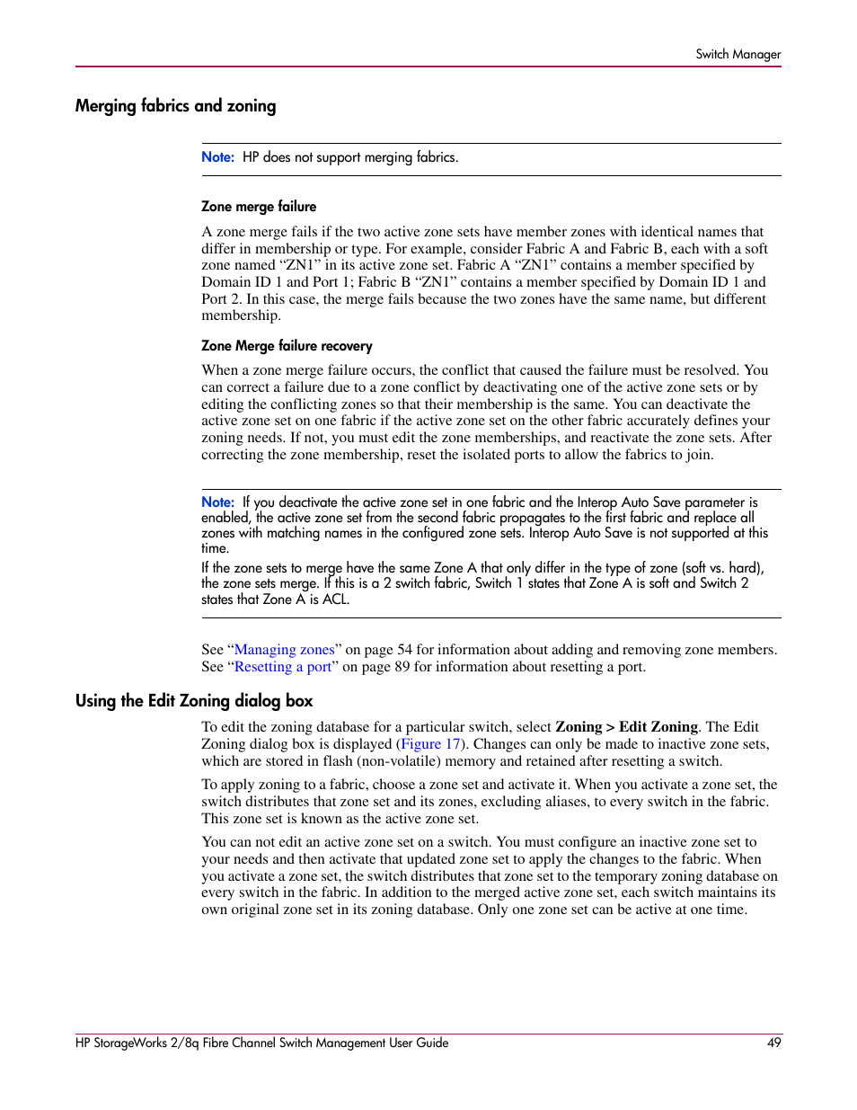 Merging fabrics and zoning, Using the edit zoning dialog box, Zone merge failure zone merge failure recovery | HP 2/8q Fibre Channel User Manual | Page 49 / 188