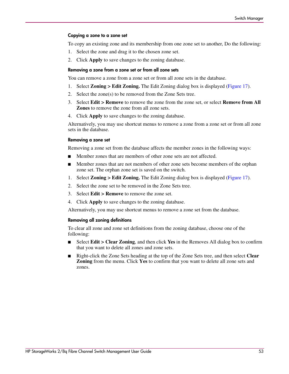 Copying a zone to a zone set, Removing a zone set, Removing all zoning definitions | Ne set. see, Copying a zone, To a zone set | HP 2/8q Fibre Channel User Manual | Page 53 / 188