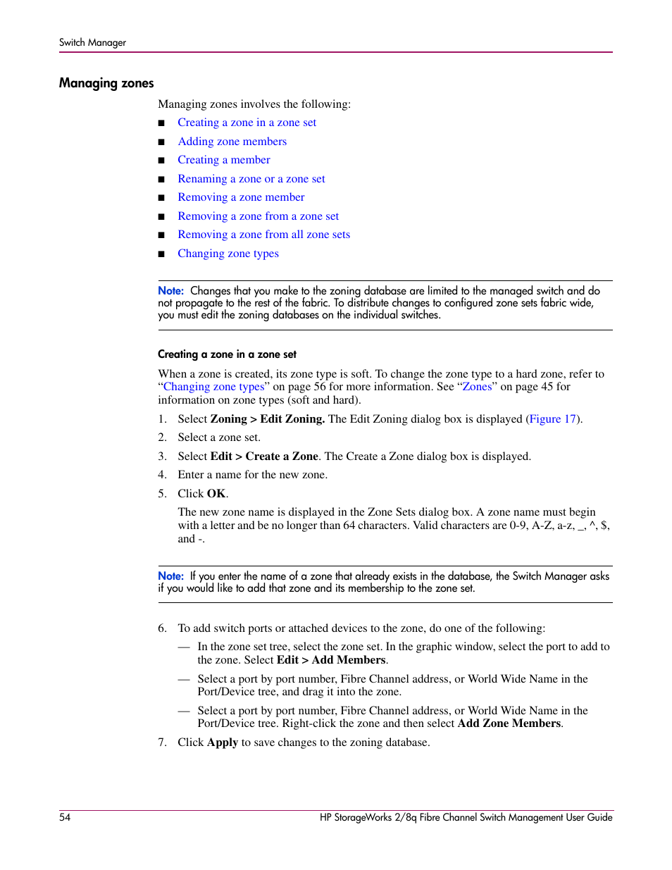 Managing zones, Creating a zone in a zone set | HP 2/8q Fibre Channel User Manual | Page 54 / 188
