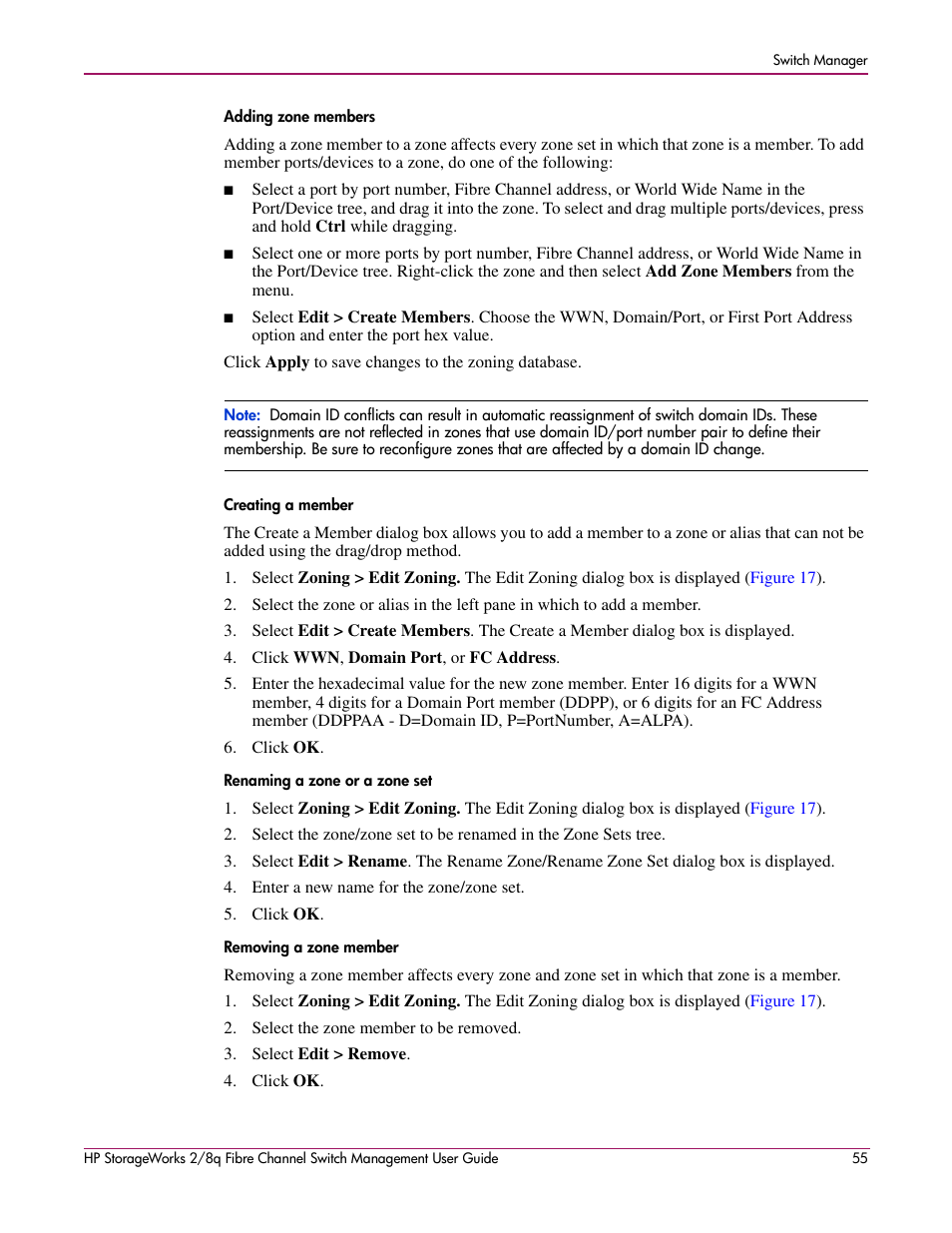 Adding zone members, Creating a member, Renaming a zone or a zone set | Removing a zone member | HP 2/8q Fibre Channel User Manual | Page 55 / 188