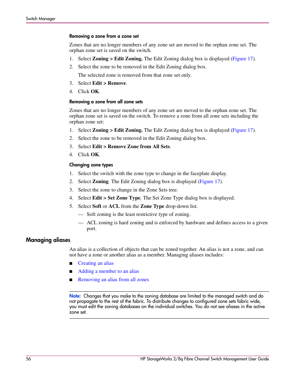 Managing aliases, Removing a zone from a zone set, Removing a zone from all zone sets | Changing zone types | HP 2/8q Fibre Channel User Manual | Page 56 / 188