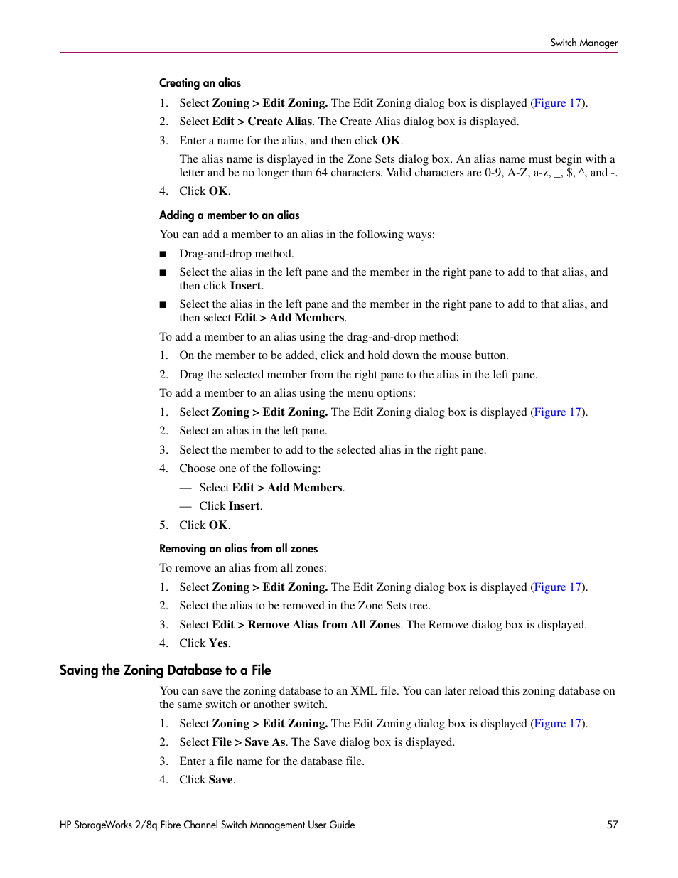 Saving the zoning database to a file, Creating an alias, Adding a member to an alias | Removing an alias from all zones | HP 2/8q Fibre Channel User Manual | Page 57 / 188