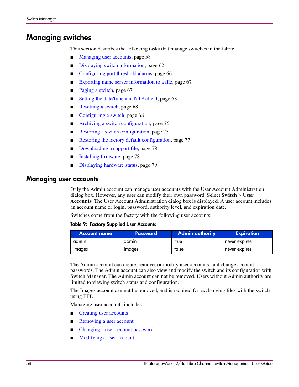 Managing switches, Managing user accounts, 9 factory supplied user accounts | HP 2/8q Fibre Channel User Manual | Page 58 / 188