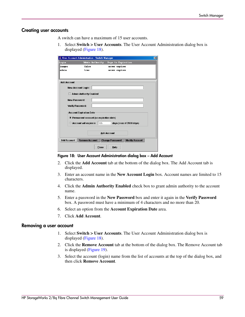 Creating user accounts, Removing a user account, Creating user accounts removing a user account | HP 2/8q Fibre Channel User Manual | Page 59 / 188