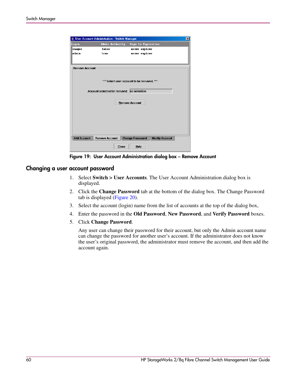 Changing a user account password, Figure 19 | HP 2/8q Fibre Channel User Manual | Page 60 / 188