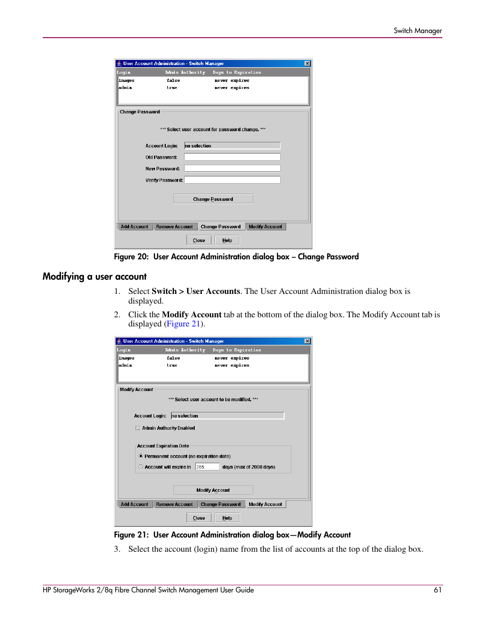 Modifying a user account | HP 2/8q Fibre Channel User Manual | Page 61 / 188