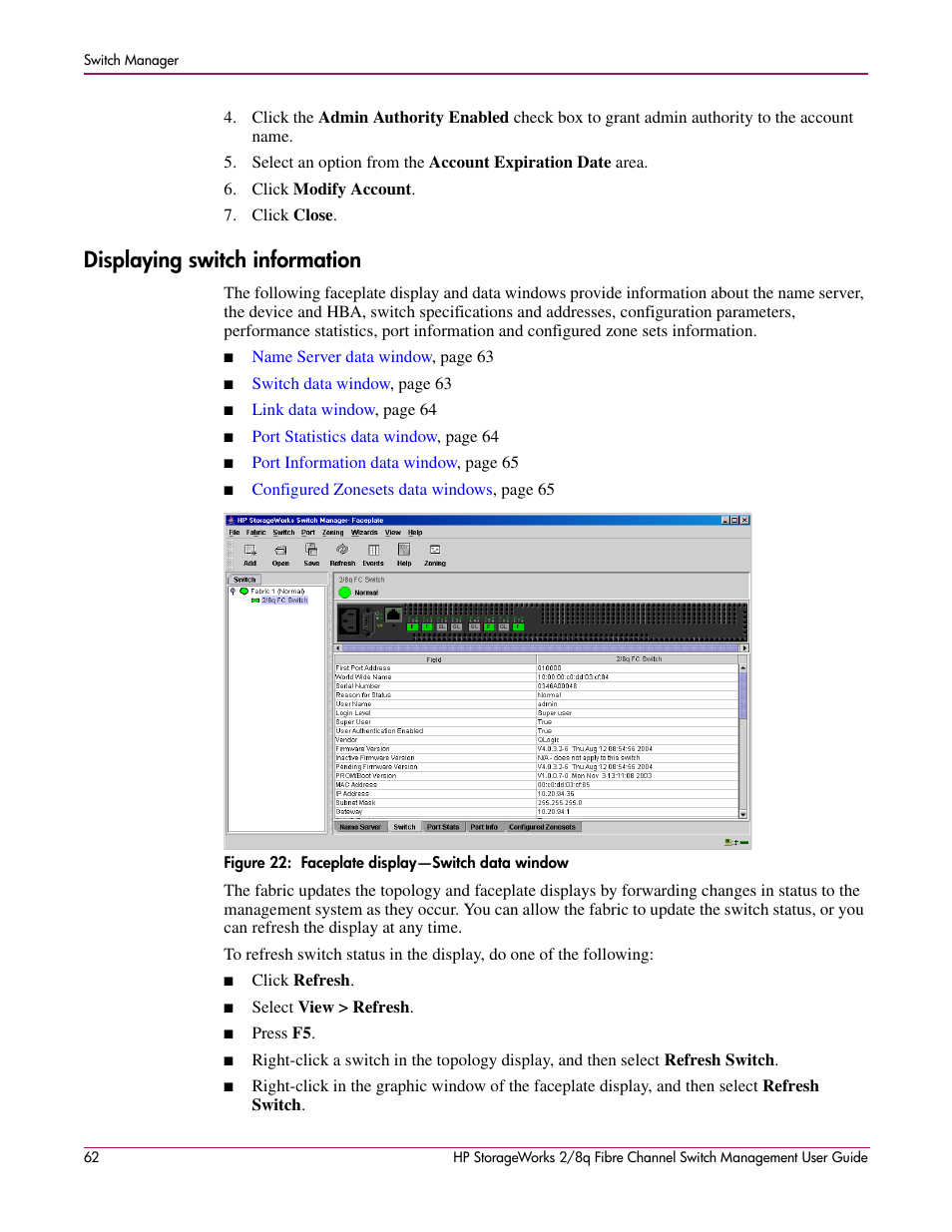 Displaying switch information, 22 faceplate display—switch data window, The switch. see | HP 2/8q Fibre Channel User Manual | Page 62 / 188