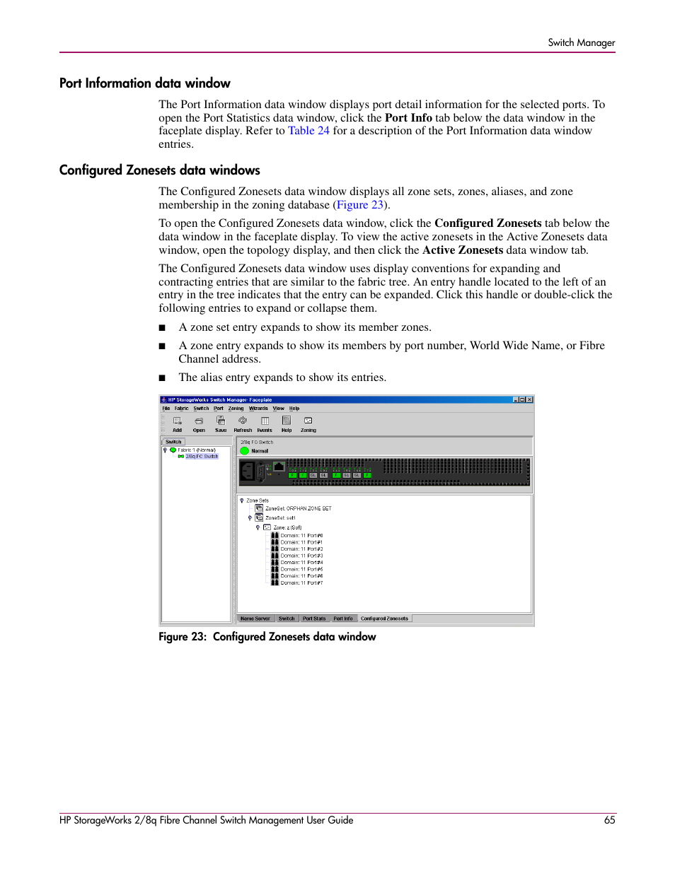 Port information data window, Configured zonesets data windows, 23 configured zonesets data window | Reset. see | HP 2/8q Fibre Channel User Manual | Page 65 / 188