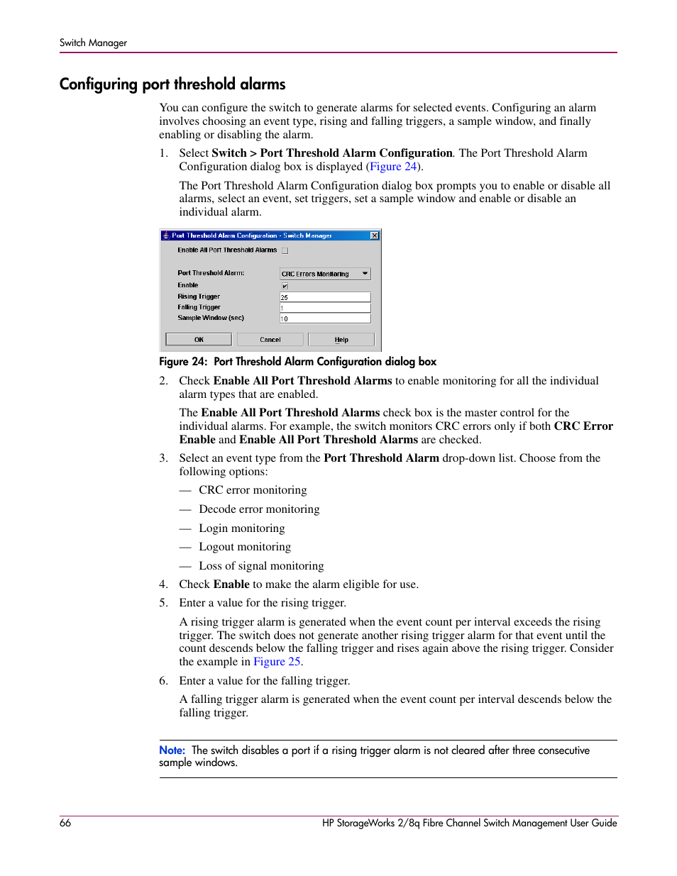 Configuring port threshold alarms, 24 port threshold alarm configuration dialog box, Configuring port threshold | Alarms | HP 2/8q Fibre Channel User Manual | Page 66 / 188