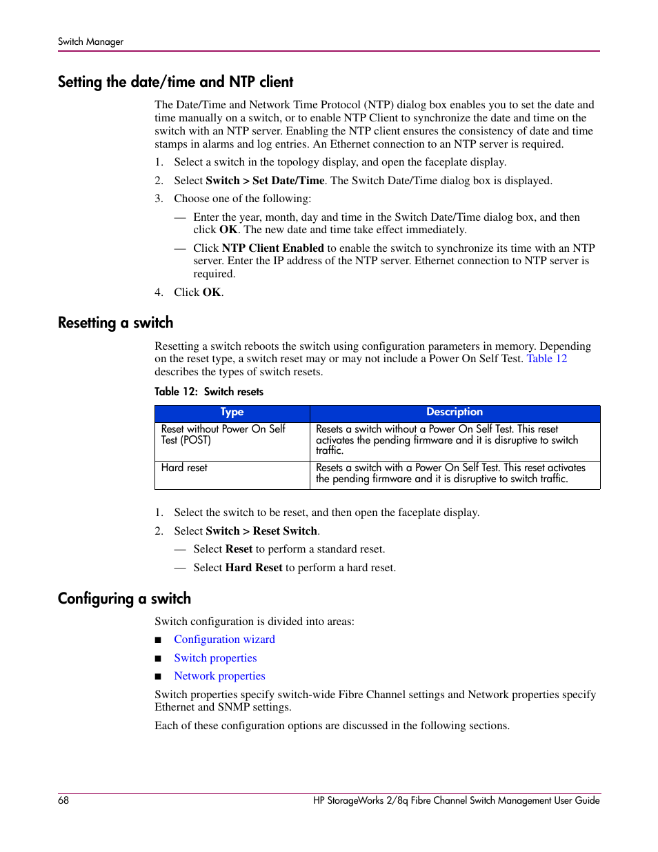Setting the date/time and ntp client, Resetting a switch, Configuring a switch | 12 switch resets, Switches. see | HP 2/8q Fibre Channel User Manual | Page 68 / 188