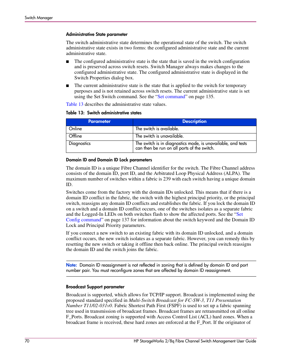 Administrative state parameter, 13 switch administrative states, Domain id and domain id lock parameters | Broadcast support parameter | HP 2/8q Fibre Channel User Manual | Page 70 / 188