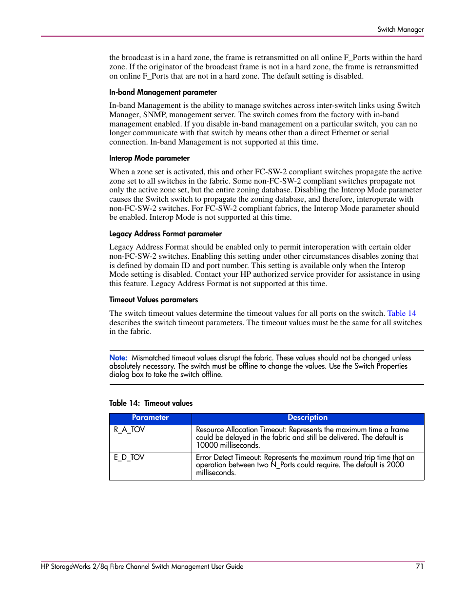 14 timeout values, In-band management parameter, Interop mode parameter | Legacy address format parameter | HP 2/8q Fibre Channel User Manual | Page 71 / 188