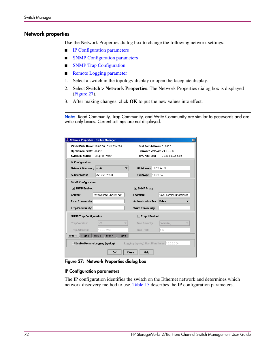 Network properties, Ip configuration parameters, 27 network properties dialog box | HP 2/8q Fibre Channel User Manual | Page 72 / 188