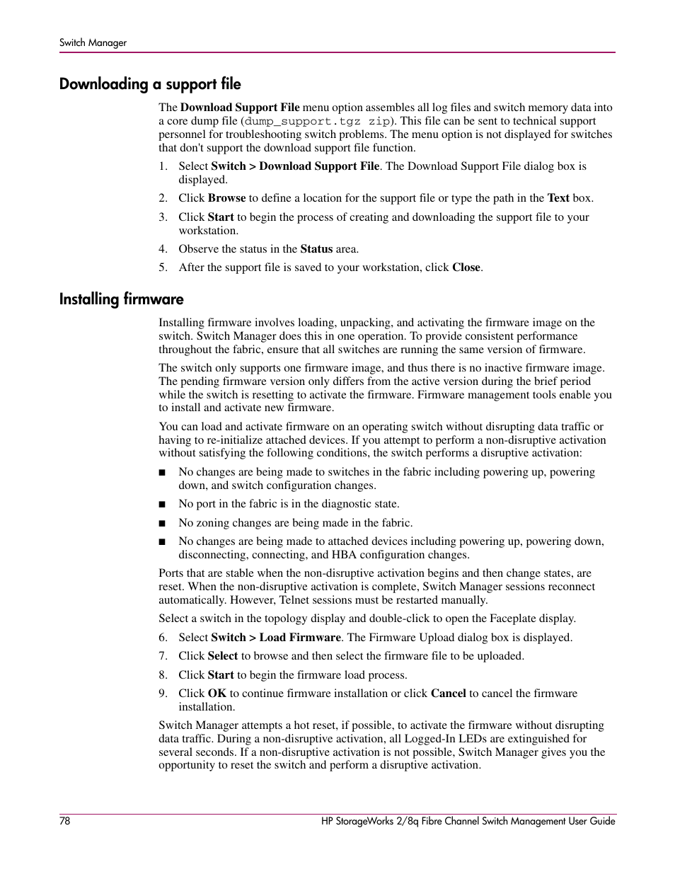 Downloading a support file, Installing firmware, Downloading a support file installing firmware | HP 2/8q Fibre Channel User Manual | Page 78 / 188