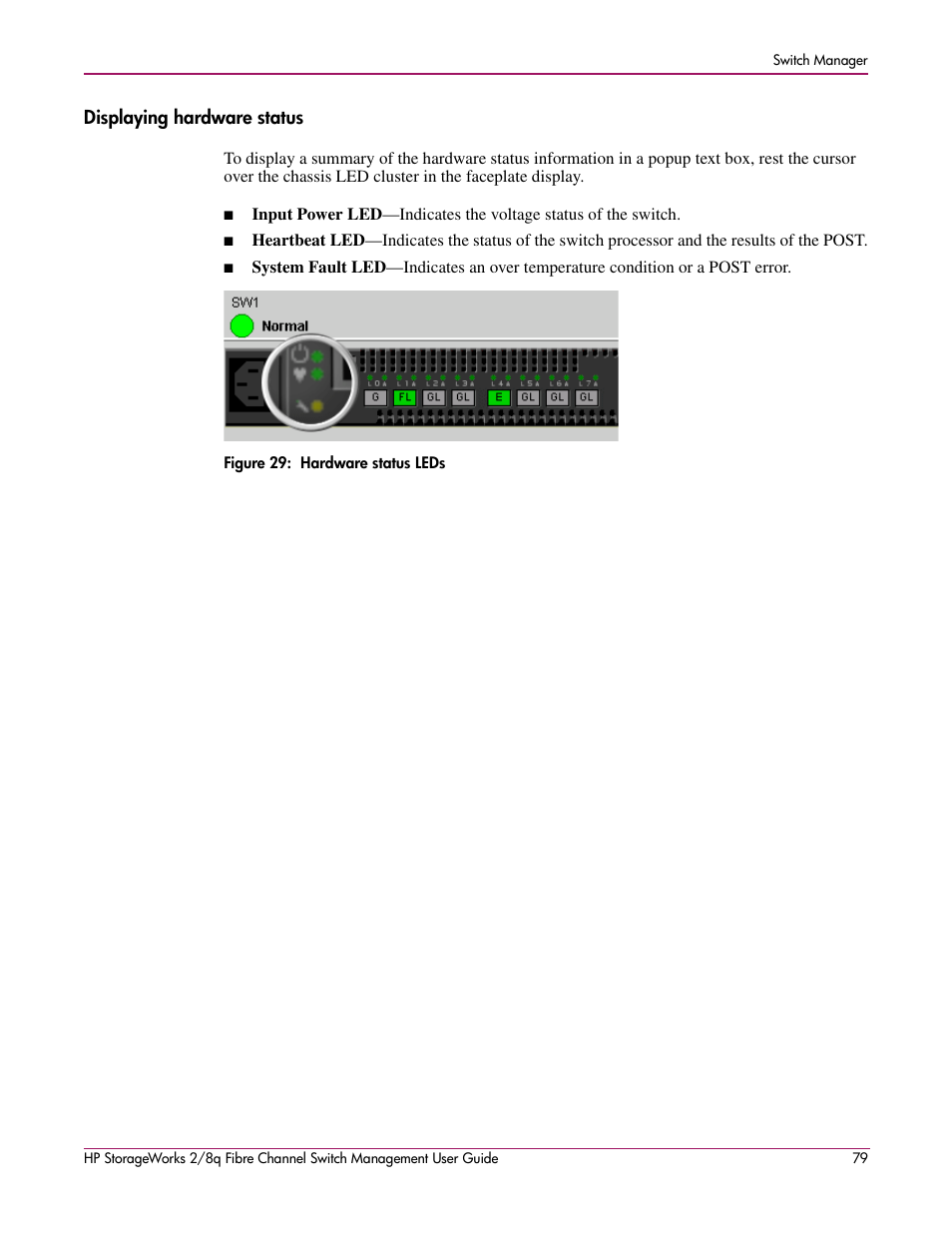 Displaying hardware status, 29 hardware status leds | HP 2/8q Fibre Channel User Manual | Page 79 / 188