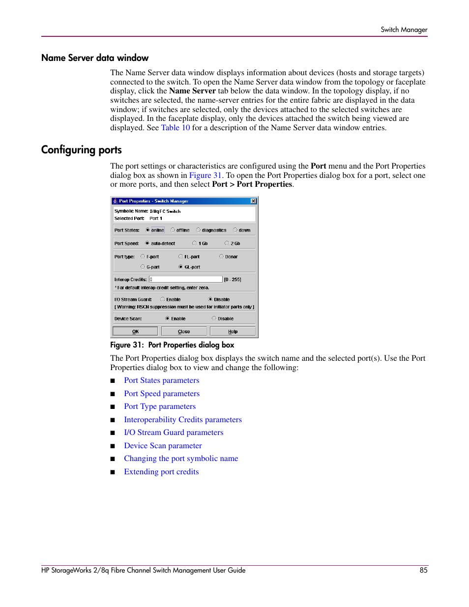 Name server data window, Configuring ports, 31 port properties dialog box | Refer to | HP 2/8q Fibre Channel User Manual | Page 85 / 188
