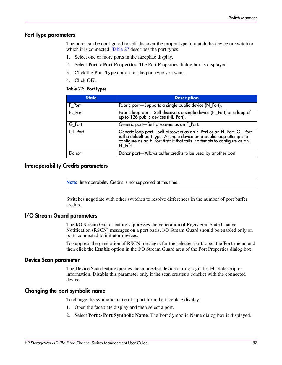 Port type parameters, Interoperability credits parameters, I/o stream guard parameters | Device scan parameter, Changing the port symbolic name, 27 port types | HP 2/8q Fibre Channel User Manual | Page 87 / 188