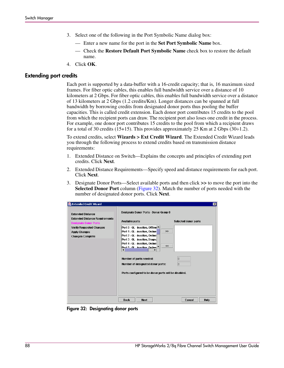 Extending port credits, 32 designating donor ports | HP 2/8q Fibre Channel User Manual | Page 88 / 188